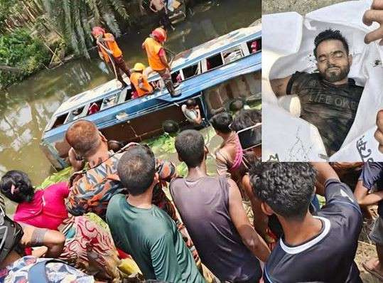 যাত্রীবাহী বাস নিয়ন্ত্রণ হারিয়ে পুকুরে ; পাইকগাছার যুবক নিহত