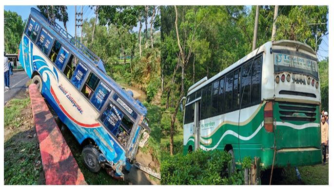 সিলেটে মুখোমুখী সংঘর্ষ এড়াতে দুই বাস খাদে, আহত ৯